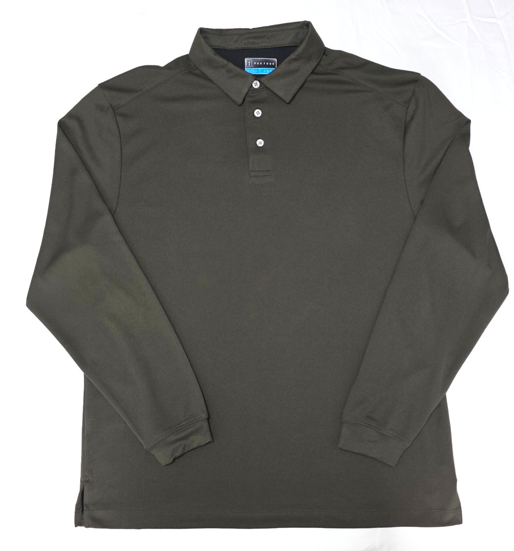 PGA Tour Men's Long Sleeve Polo Shirt Size L Olive Green Textured Golf Athletic
